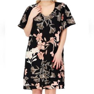 Nicole miller linen tropical print shirt dress mini black white coral
